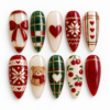 Tartan Christmas press-on nails in red, green and ivory with gold lines, bows, hearts, snowflakes, cherries and a teddy bear