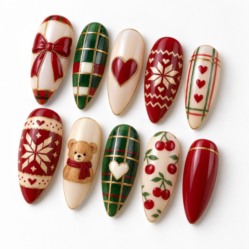 Tartan plaid, bow, hearts, snowflake-style designs