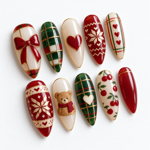 Tartan plaid, bow, hearts, snowflake-style designs press on nails