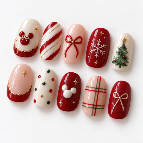 bows, snowflakes, a decorated tree, plaid press on nails