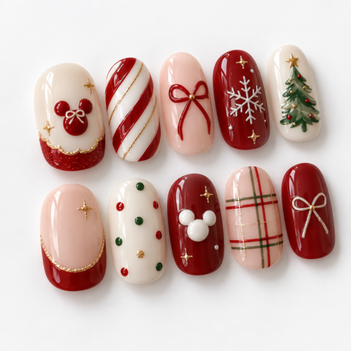 bows, snowflakes, a decorated tree, plaid press on nails