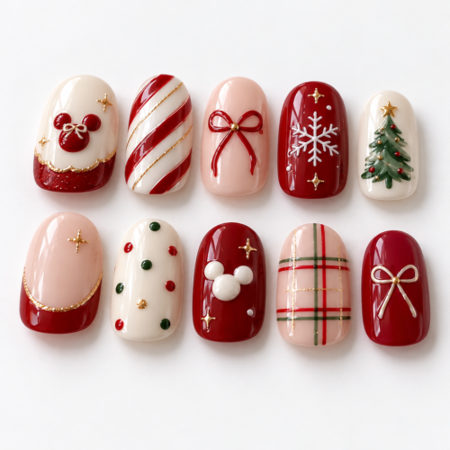 bows, snowflakes, a decorated tree, plaid press on nails