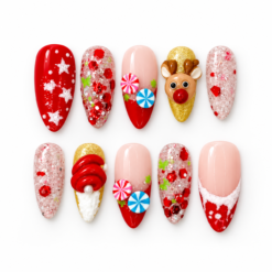 Red peppermint press-on nails with a reindeer, candy swirls, glitter and snowflake designs.