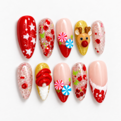 Red Peppermint Reindeer Christmas Press-On Nails