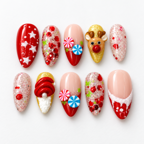 peppermint-swirled candies, snowflakes, sparkling confetti press on nails