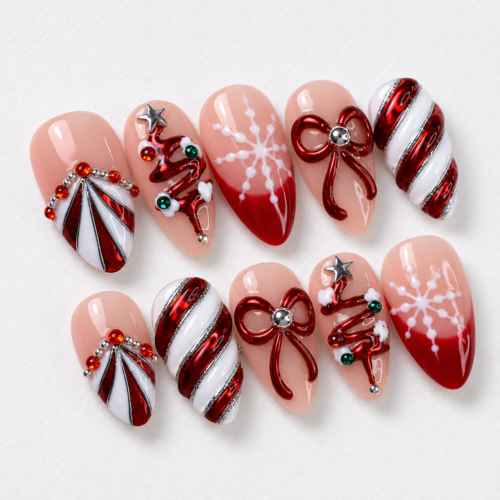 Christmas tree designs, stars, ornament details press on nails