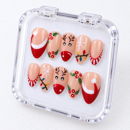 Reindeer faces, Santa hats, holly leaves and berries press on nails