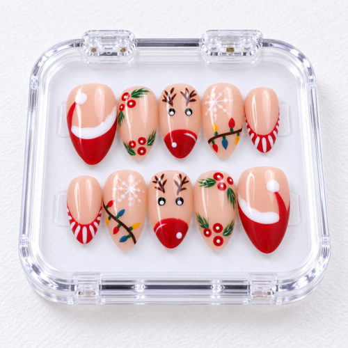 Reindeer faces, Santa hats, holly leaves and berries press on nails