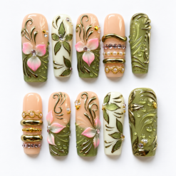 Botanical floral press-on nails in sage, peach and ivory with pink blossoms, gold-tone vines and crystal-like accents
