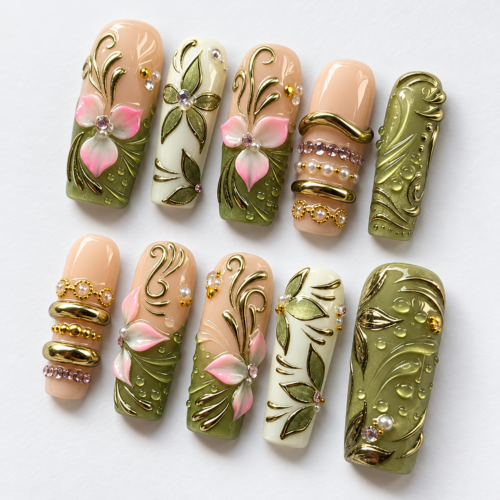 Pink blossoms, leafy vines, curved gold-tone lines, crystal-like and pearl-like accents