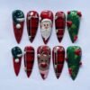 Santa & Reindeer Nail Art Red Plaid Christmas with a green Christmas hat