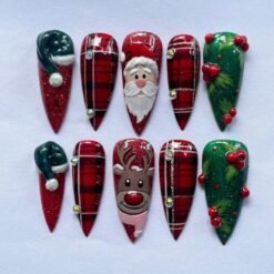 Santa & Reindeer Nail Art Red Plaid Christmas with a green Christmas hat