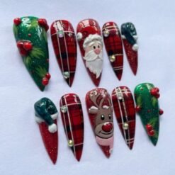 Santa & Reindeer Nail Art Red Plaid Christmas Press On Nails