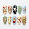 Puppy christmas press-on nails with a Santa-hat puppy, candy canes, gifts, ornaments and a decorated tree.