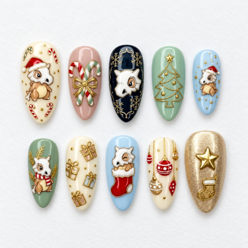 Puppy christmas press-on nails with a Santa-hat puppy, candy canes, gifts, ornaments and a decorated tree.