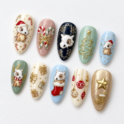 candy canes, wrapped gifts, a decorated tre press on nails