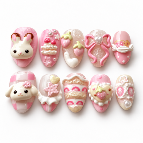 Bunny, Puppy, Strawberries, Gingham, Cakes press on nails