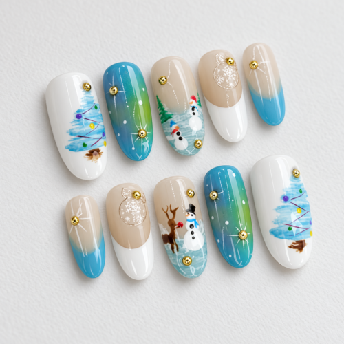 hand-painted designs featuring snowy trees, snowmen press on nails