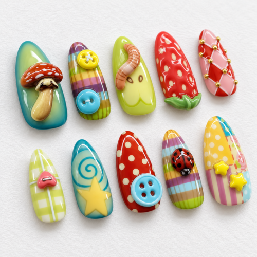 3D Mushrooms, Raised Buttons, Ladybug Accent, Sculpted Worm Press on nails
