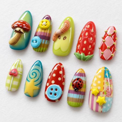 3D Mushrooms, Raised Buttons, Ladybug Accent, Sculpted Worm Press on nails