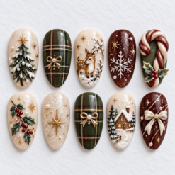 Woodland christmas press-on nails with a deer, snowy cottage, pine trees, tartan bows, candy cane and holly.