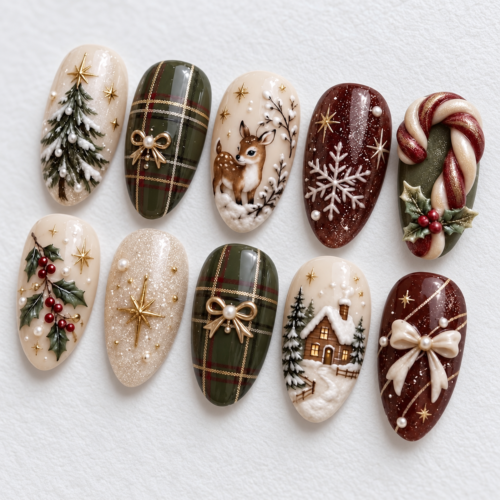press-on nails in cream, forest green and deep burgundy