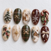 press-on nails in cream, forest green and deep burgundy