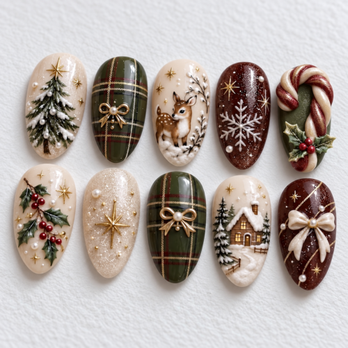 press-on nails in cream, forest green and deep burgundy