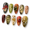 featuring spotted mushrooms, leafy branches, flowers press on nails