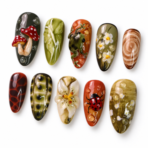 featuring spotted mushrooms, leafy branches, flowers press on nails