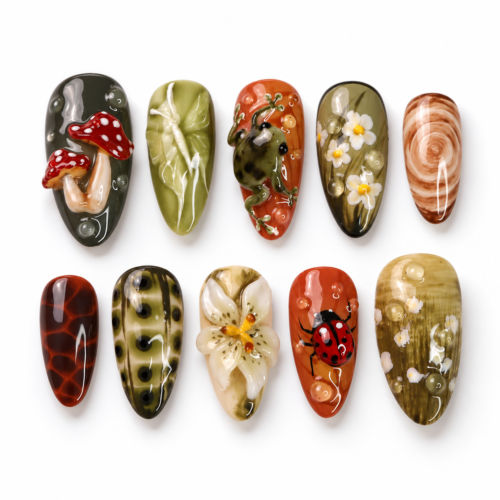 featuring spotted mushrooms, leafy branches, flowers press on nails