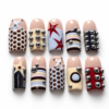 stars, geometric color blocks and raised silver-tone studs on a nud press on nails