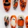 Orange Pumpkin Cat Ghost Halloween Press-On Nails