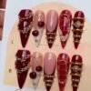Burgundy Ruby Gold Vintage Gem Press-On Nails