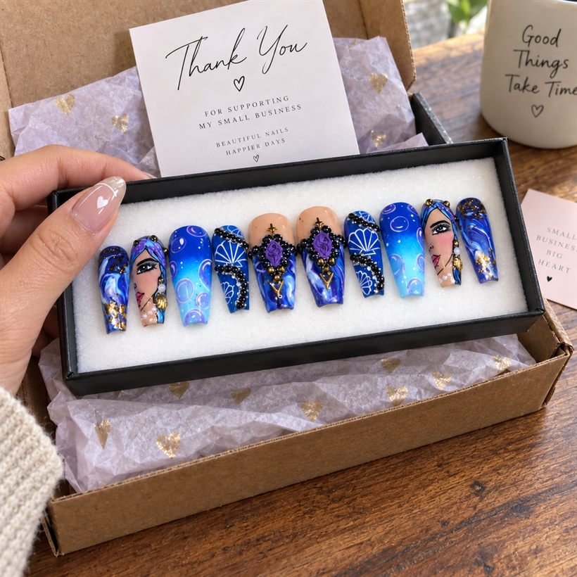 Em********r wearing Hand-Painted Portrait Deep Ocean Ombre Press-On Nails