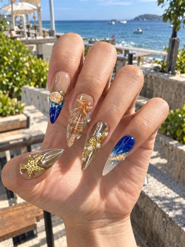 An********s wearing 3D Starfish & Jellyfish Chrome Press-On Nails