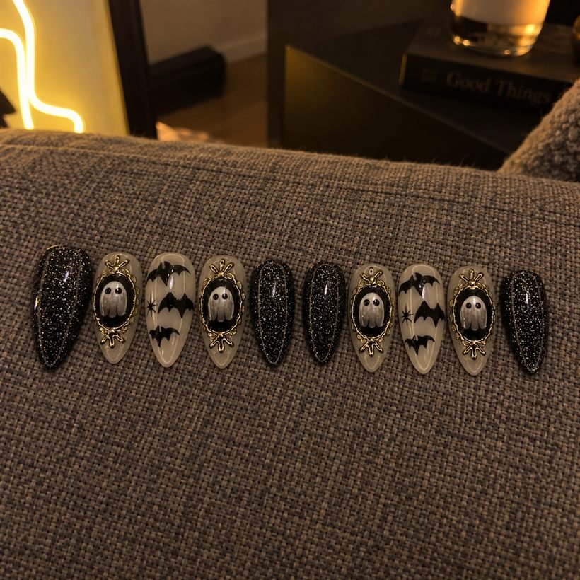 Mi********s wearing Spooky Black Glitter Ghost Mirror Press-On Nails
