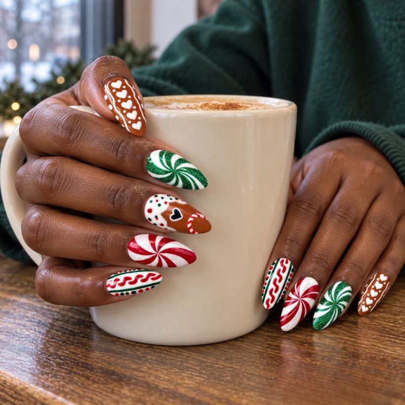 In********a wearing Gingerbread Peppermint Christmas Press-On Nails