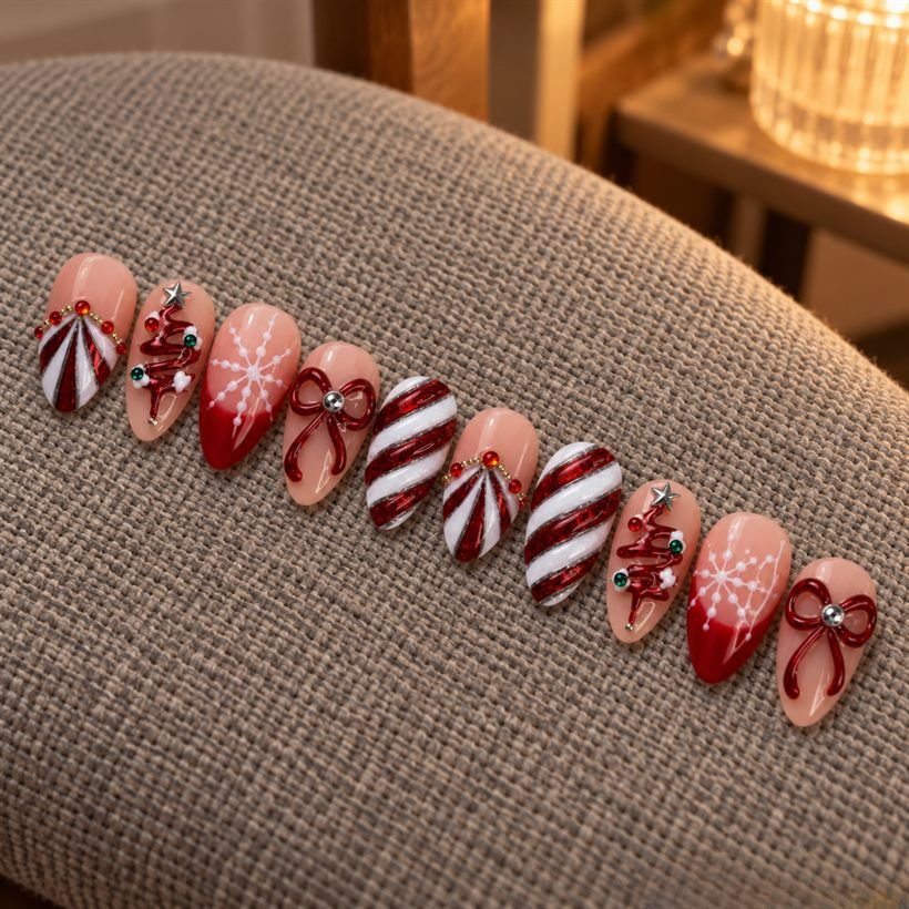 Au********e wearing Red White Christmas Tree Press-On Nails
