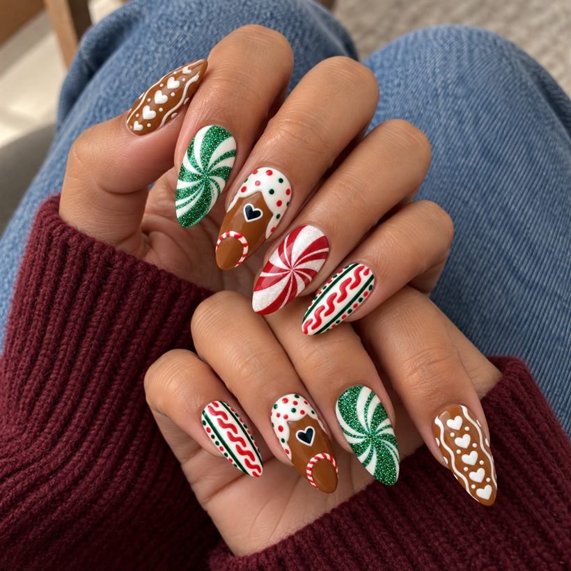 Ar********a wearing Gingerbread Peppermint Christmas Press-On Nails