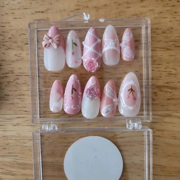 Ab*y wearing Pink Rose Lace Bow Floral Press-On Nails