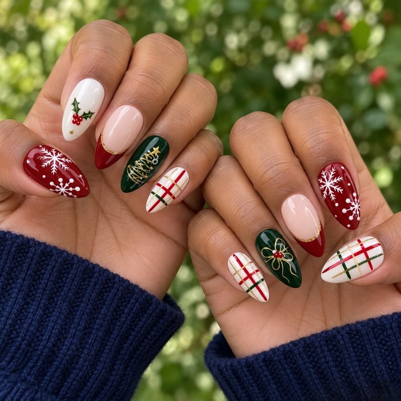 Ji*******g wearing Classic Plaid Snowflake Christmas Press-On Nails
