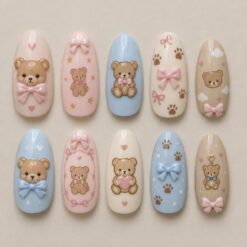 Pastel Bear Bows Press On Nails, press-on nail design preview made with AI